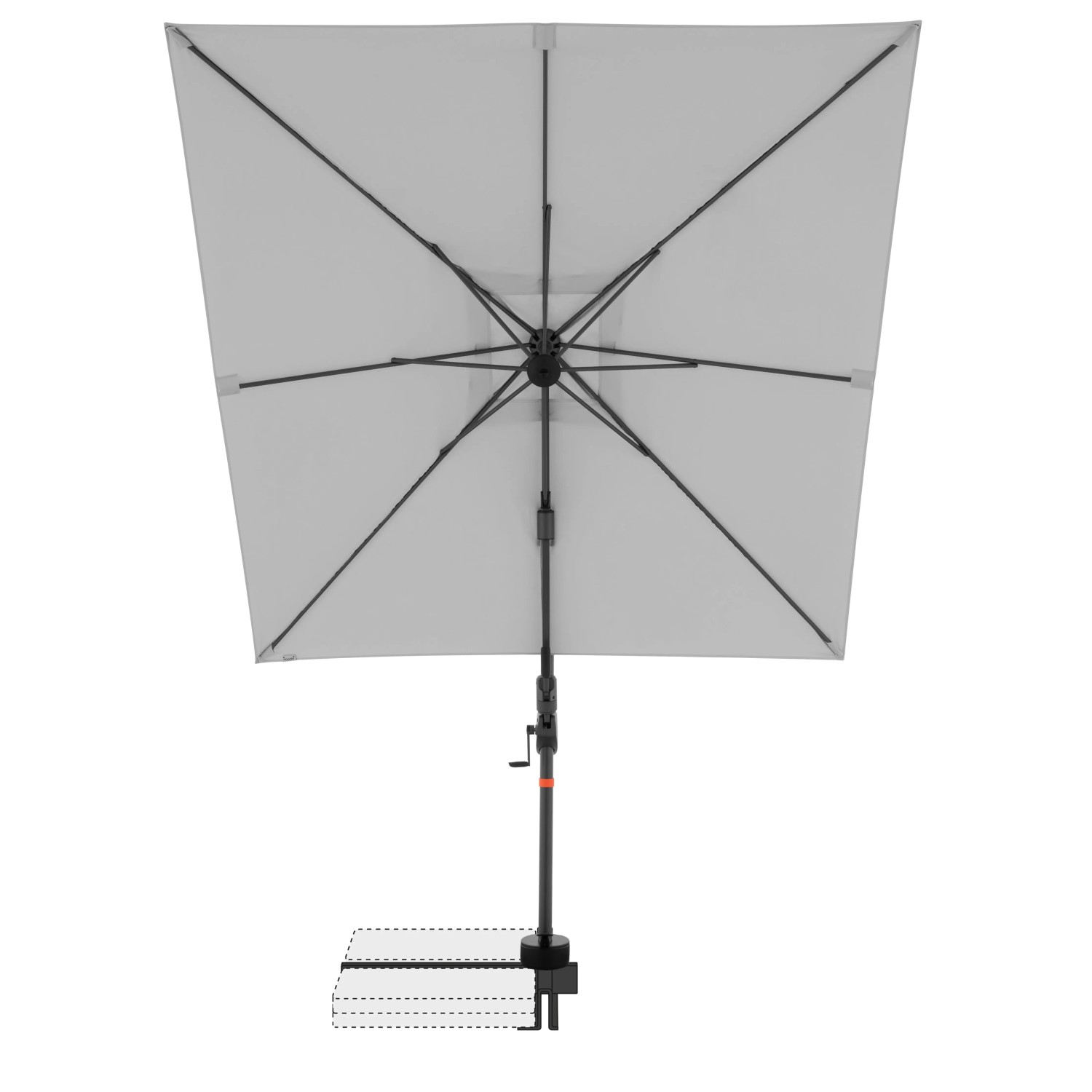 Hellgrauer, quadratischer Doppler Ampelschirm MyZone 210x210 cm mit Dreh- und Neigefunktion.