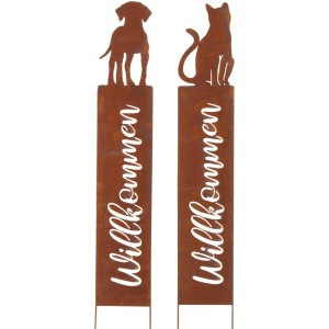 Boltze Gartenstab Garden Huka, 2-fach sortiert, mit Hunde- und Katzenmotiv, Rostoptik.