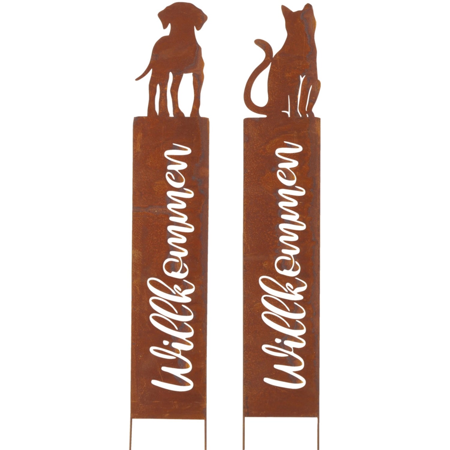 Boltze Gartenstab Garden Huka, 2-fach sortiert, mit Hunde- und Katzenmotiv, Rostoptik.
