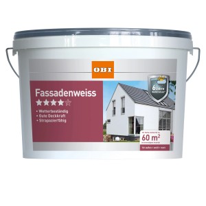 Eimer OBI Fassadenweiß, matte Fassadenfarbe für Außen, 10 Liter. Wetterbeständig, gute Deckkraft.