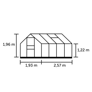 Skizze des Halls Gewächshaus Popular 86 Alu mit Maßangaben, inkl. Fundamentrahmen.