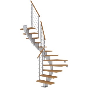Dolle Mittelholmtreppe Hamburg, Eiche perlgrau, 1/2 gewendelt, mit Geländer.