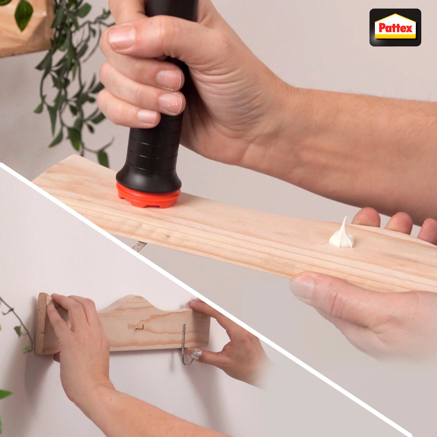 Anwendung des Pattex Montagekleber Click & Fix Stempel zum Kleben eines Holzstücks.