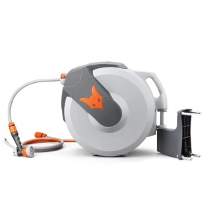 FUXTEC Wasserschlauchaufroller 30m, orange/grau, mit automatischem Schlauchaufrollsystem, Schlauch und Spritzpistole für den Garten.
