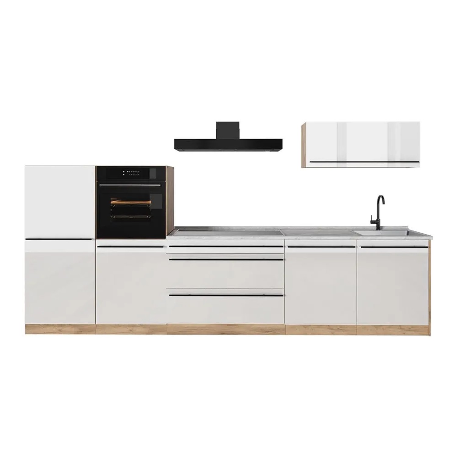 Vicco Küchenzeile R-Line Weiß Hochglanz/Goldkraft Eiche 340 x 143 Arbeitsplatte Marmor Art Nr 66539
