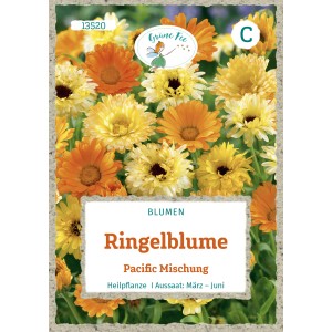 Saatgutpackung Ringelblume Pacific Mischung mit gelben und orangen Blüten.