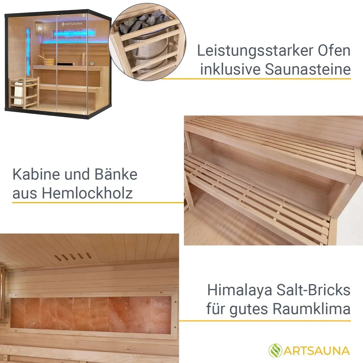 Artsauna Vantaa Sauna: Traditionelle Sauna aus Hemlockholz mit Glasfront, Ofen und Salzsteinen.