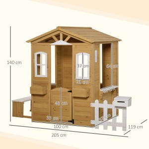 Outsunny Kinderspielhaus aus Holz mit Tür, Fenster, Briefkasten und Zaun. Ideal für Kinder von 3-6 Jahren.
