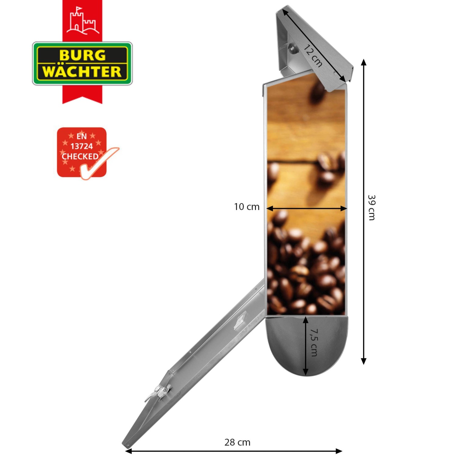 Banjado Edelstahl Briefkasten mit Zeitungsfach, Motiv Kaffee & Schokolade, 38x39x12cm.
