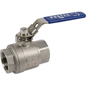 Edelstahl 316 Kugelhahn mit 1 Zoll Innengewinde und blauem Hebel. Ideal als Wasserabsperrhahn für Rohrleitungen.