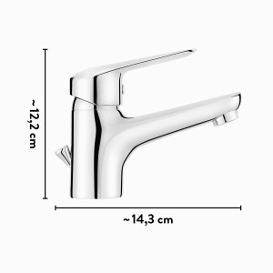 baliv Waschtischarmatur WT-390 in Chrom, Seitenansicht mit Maßangaben.