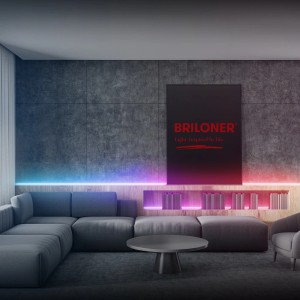 Wohnzimmer mit indirekter Beleuchtung durch Brilo LED-Band RGBIC, dynamische Farblichtsteuerung.