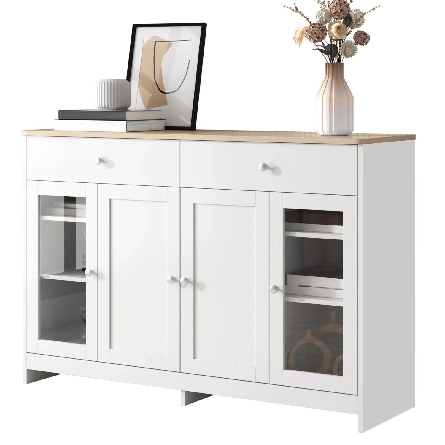 okwish Sideboard mit 4 Türen 2 Schubladen Glastüren Wohnzimmer Esszimmer 120x37x80cm Weiß