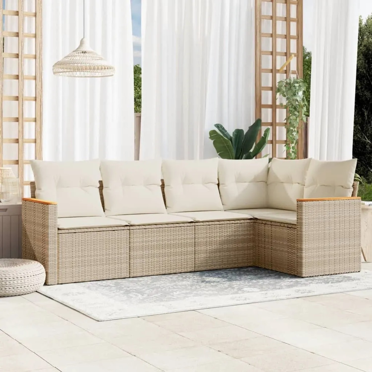 Beige 5-tlg. vidaXL Garten-Sofagarnitur aus Poly Rattan mit Kissen. Gemütliche Gartenmöbel für Terrasse und Garten.