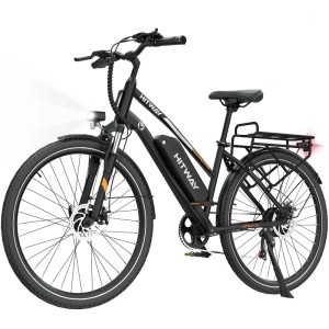 Schwarzes HITWAY E-Bike BK27S 28 Zoll Citybike mit Akku, 7-Gang, Scheibenbremsen, Federgabel und Beleuchtung.