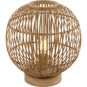 Globo Tischlampe Hildegard aus Bambus, runde Form, mit sichtbarem Leuchtmittel.