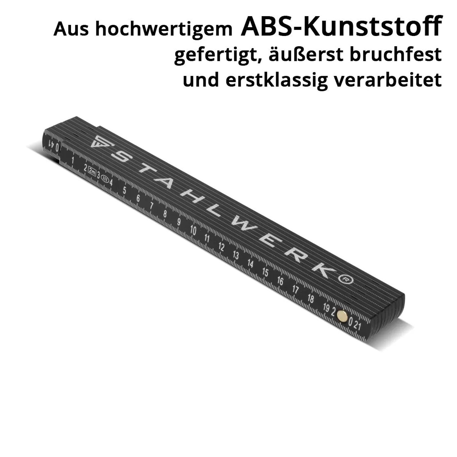 STAHLWERK Zollstock aus schwarzem ABS-Kunststoff, 2 Meter, mit präziser metrischer Skala. Bruchfestes Messwerkzeug.