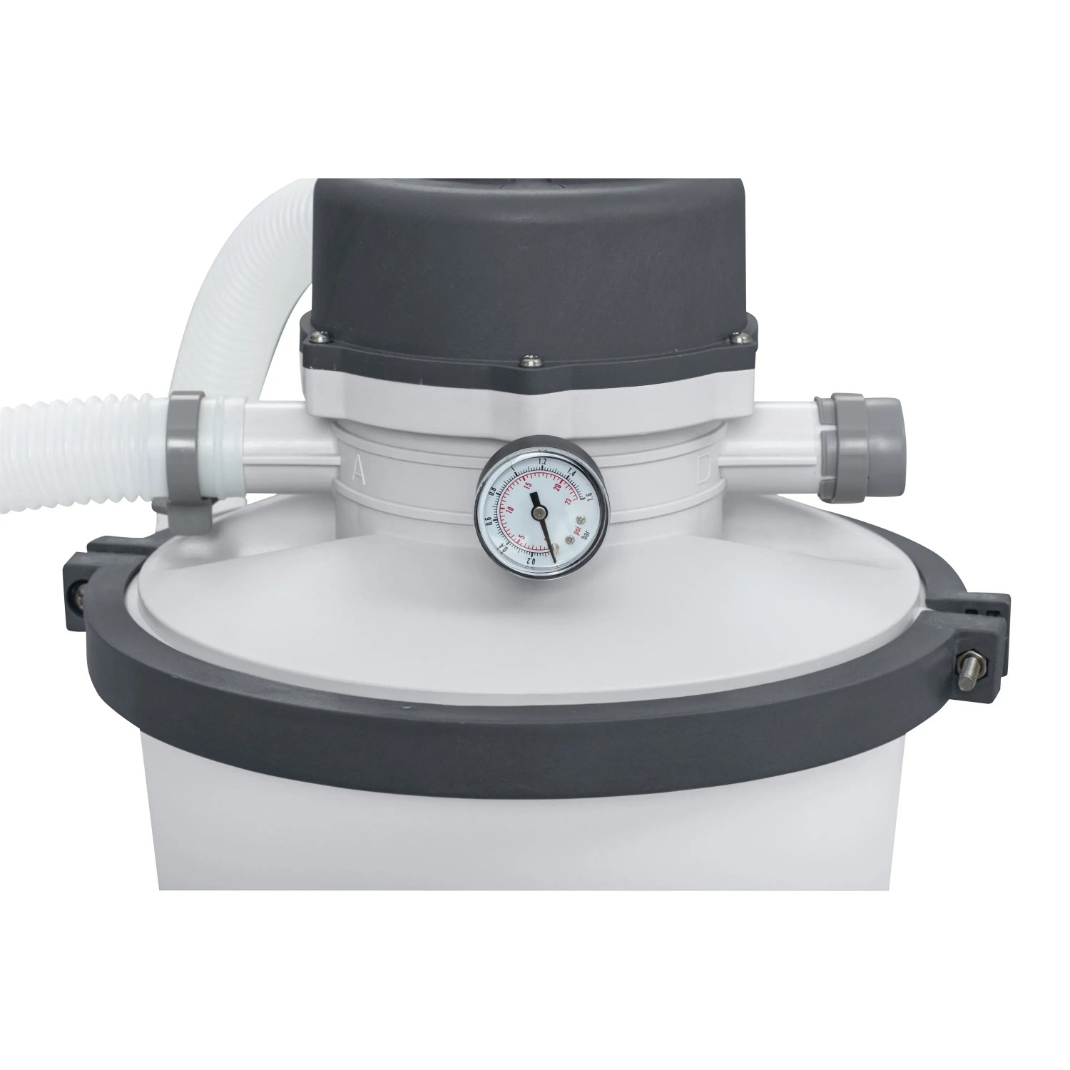 Bestway Flowclear Sandfilteranlage, 3.028 l/h, Detailansicht mit Manometer und Schlauchanschluss.