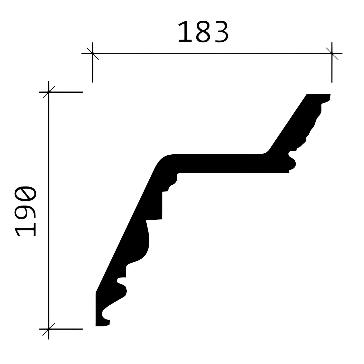 Profilansicht der weißen PROFHOME Eckleiste aus Polyurethan, 18,3x19cm, für Decken und Wände.