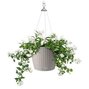 Lechuza Hängeampel Nido Cottage 35 in Sandbraun mit üppiger, weiß blühender Pflanze.