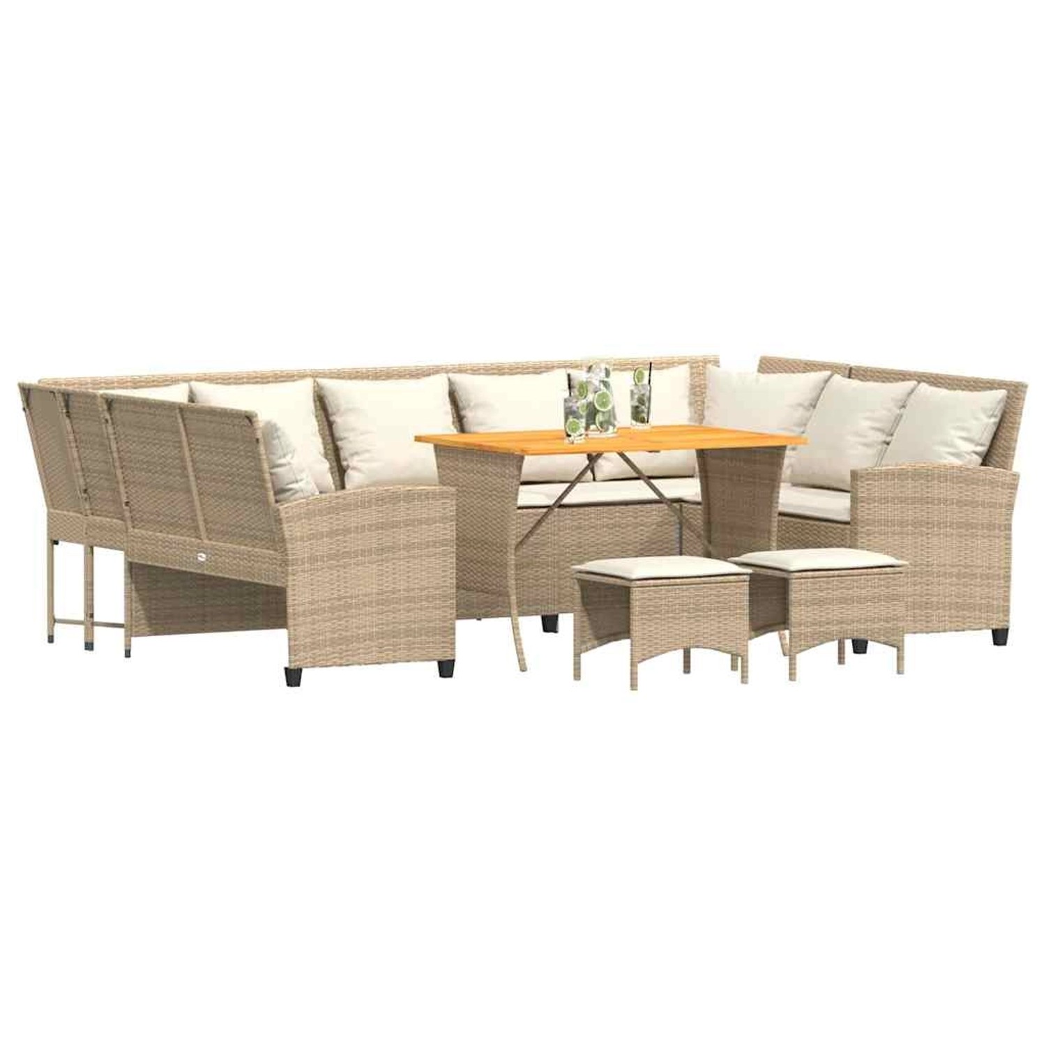 Beige 4-teilige Garten-Sofagarnitur aus Polyrattan mit Tisch, Sesseln und Kissen.
