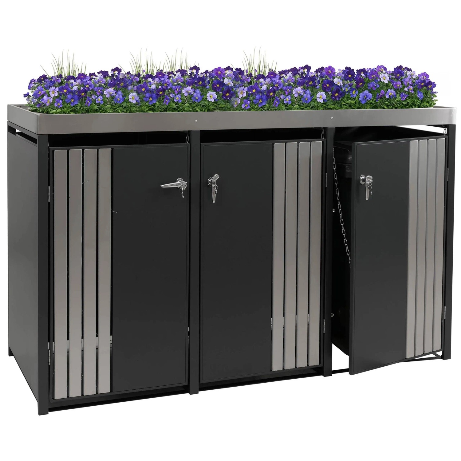 Anthrazitfarbene 3er-Mülltonnenverkleidung aus Stahl mit Edelstahl-Pflanzkasten, lila Blumen und abschließbaren Türen.