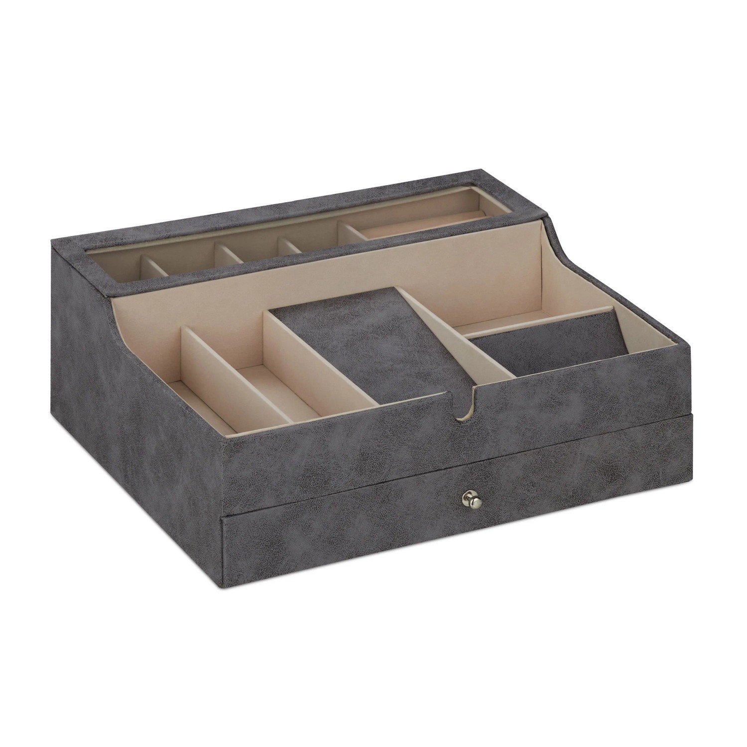 Relaxdays Schmuckkästchen Lederoptik Grau mit Schublade 13 cm x 34 cm x 31 cm 1,7 kg