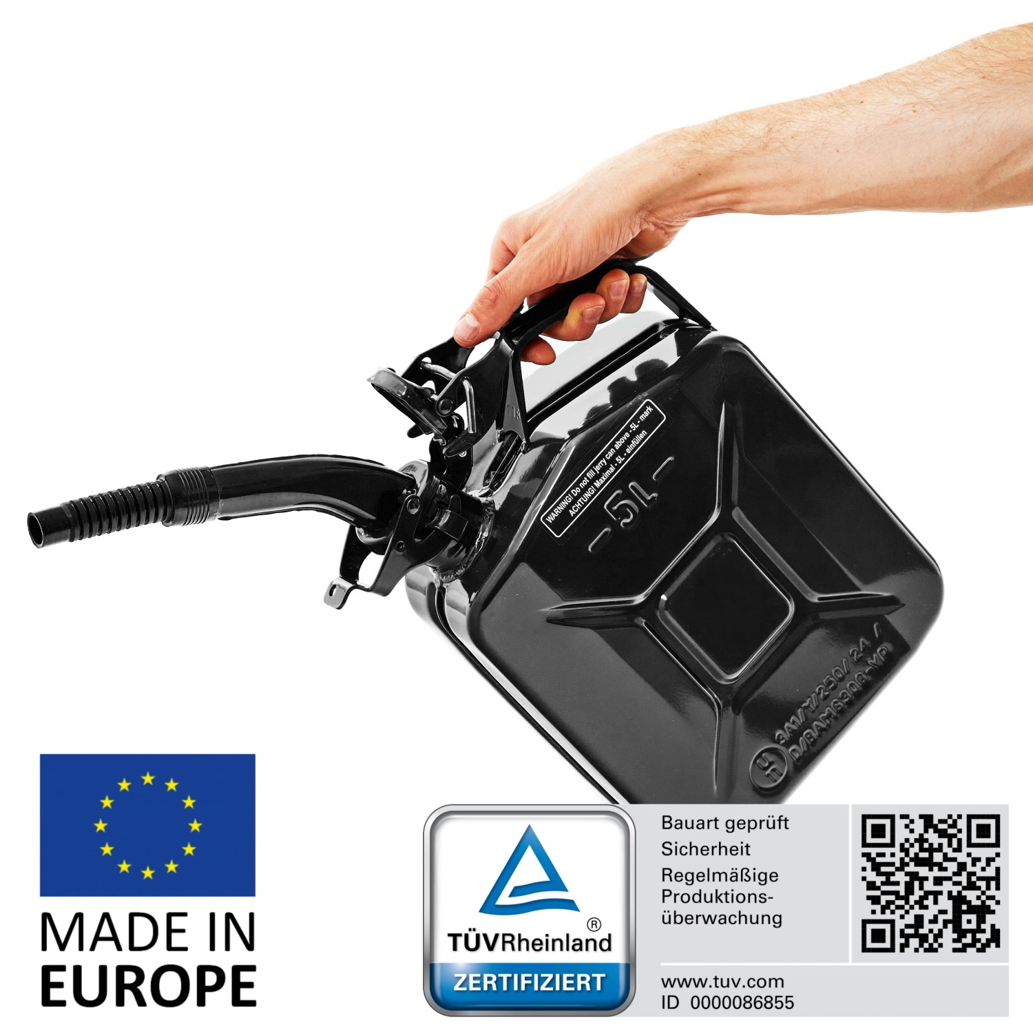 Schwarzer 5L Metall Kraftstoffkanister mit Ausgießer, gehalten von einer Hand. Ideal als Reservekanister.