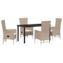 Beige 5-tlg. Garten Essgruppe aus Polyrattan mit Tisch und 4 Stühlen mit Kissen.