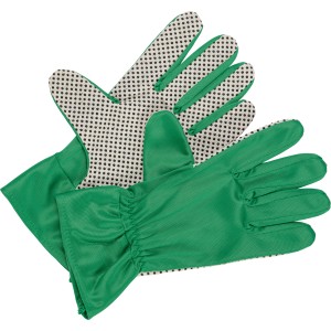 Grüne Nylon Gartenhandschuhe, Größe 8, mit Punktmuster für Gartenarbeiten.