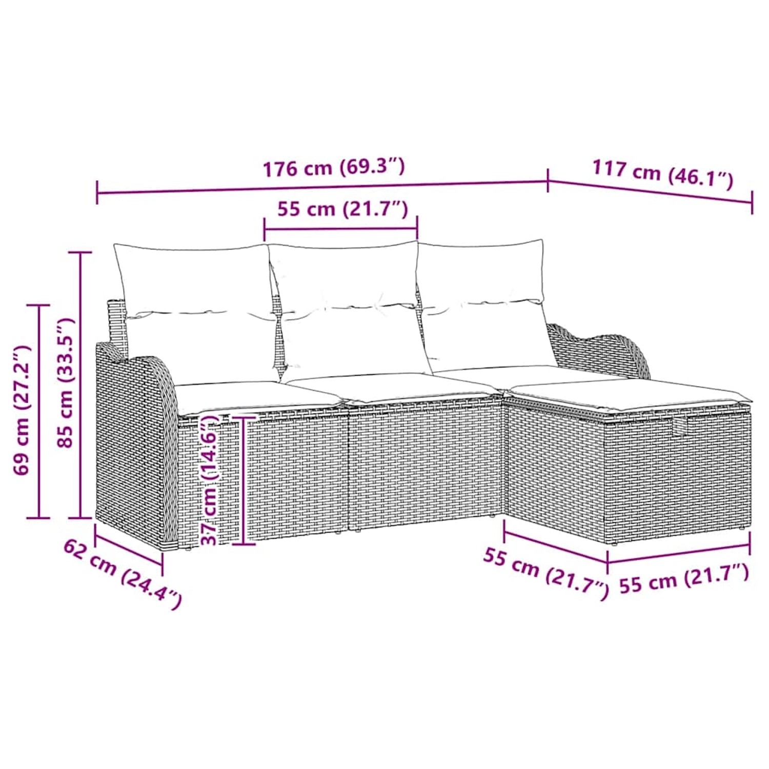 vidaXL Garten-Sofa-Set, 4-teilig, beige Poly Rattan, mit Maßen. Ideal für Terrasse & Garten.