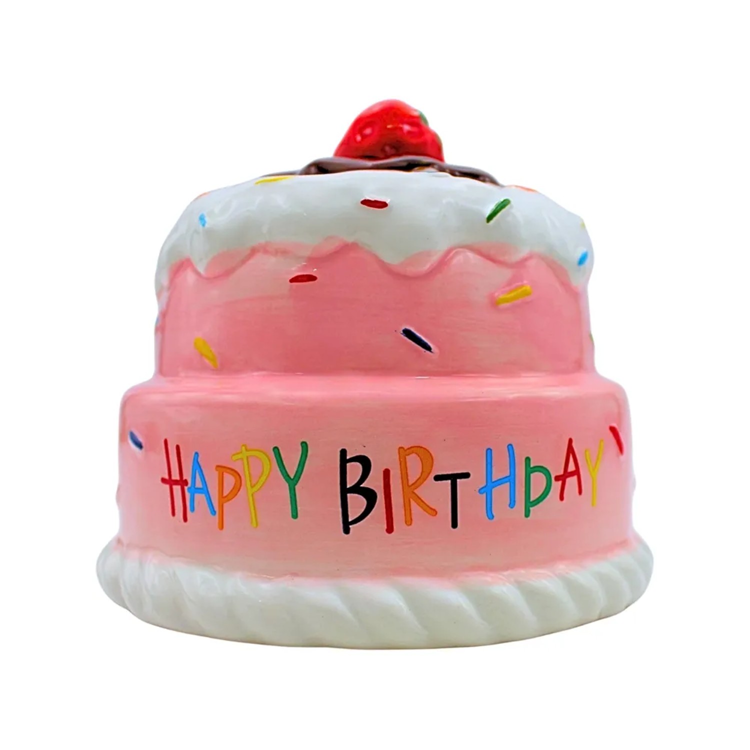 Dekohelden24 Sparfigur Spartorte Geburtstags Spardose Happy Birthday Torte mit Sparfunktion aus Keramik in Pink und Rosa L/B/H 12 x 12 x 12 cm