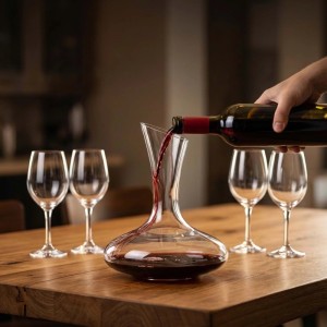 Hand gießt Rotwein in transparenten Glas-Dekanter auf Holztisch. Vier leere Weingläser stehen bereit.