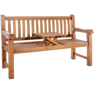 Gartenbank aus Teakholz mit Klapptisch, 150 cm breit, für Terrasse und Garten.