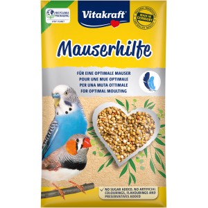 Vitakraft Mauserhilfe für Sittiche, 20g Packung mit Körnerfutter und Abbildung von Wellensittich und Zebrafink.