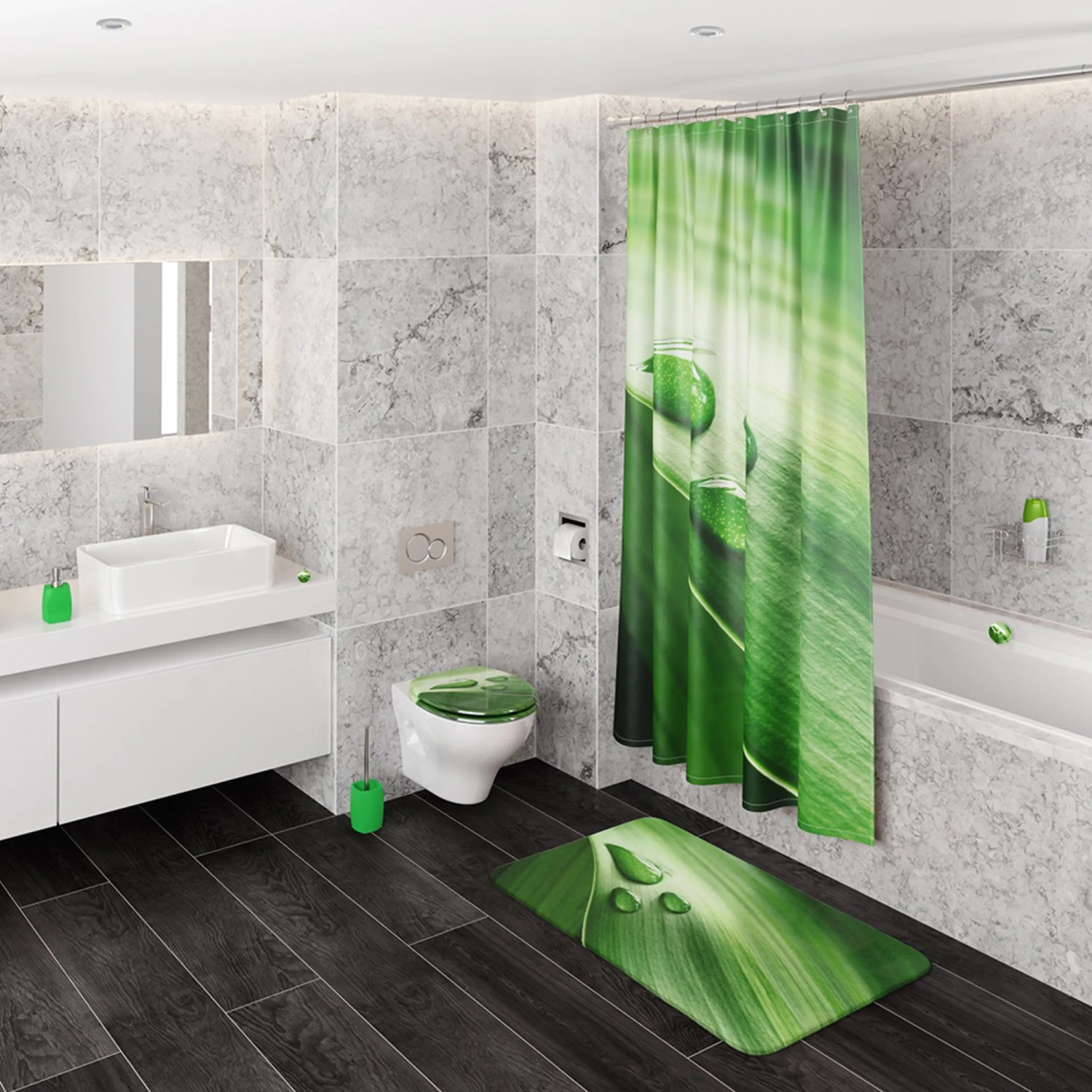 Badezimmer-Set mit Waschbecken, WC, Duschvorhang und Badteppich im Green Leaf Design.