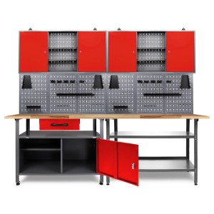 Ondis24 Werkbank Set Erfinder, 240 cm, mit roten Schränken und Lochwand für die Werkstatt.