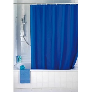 Blauer Wenko Duschvorhang aus PEVA, Uni Night Blue, 180x200 cm, mit Duschvorhangringen.