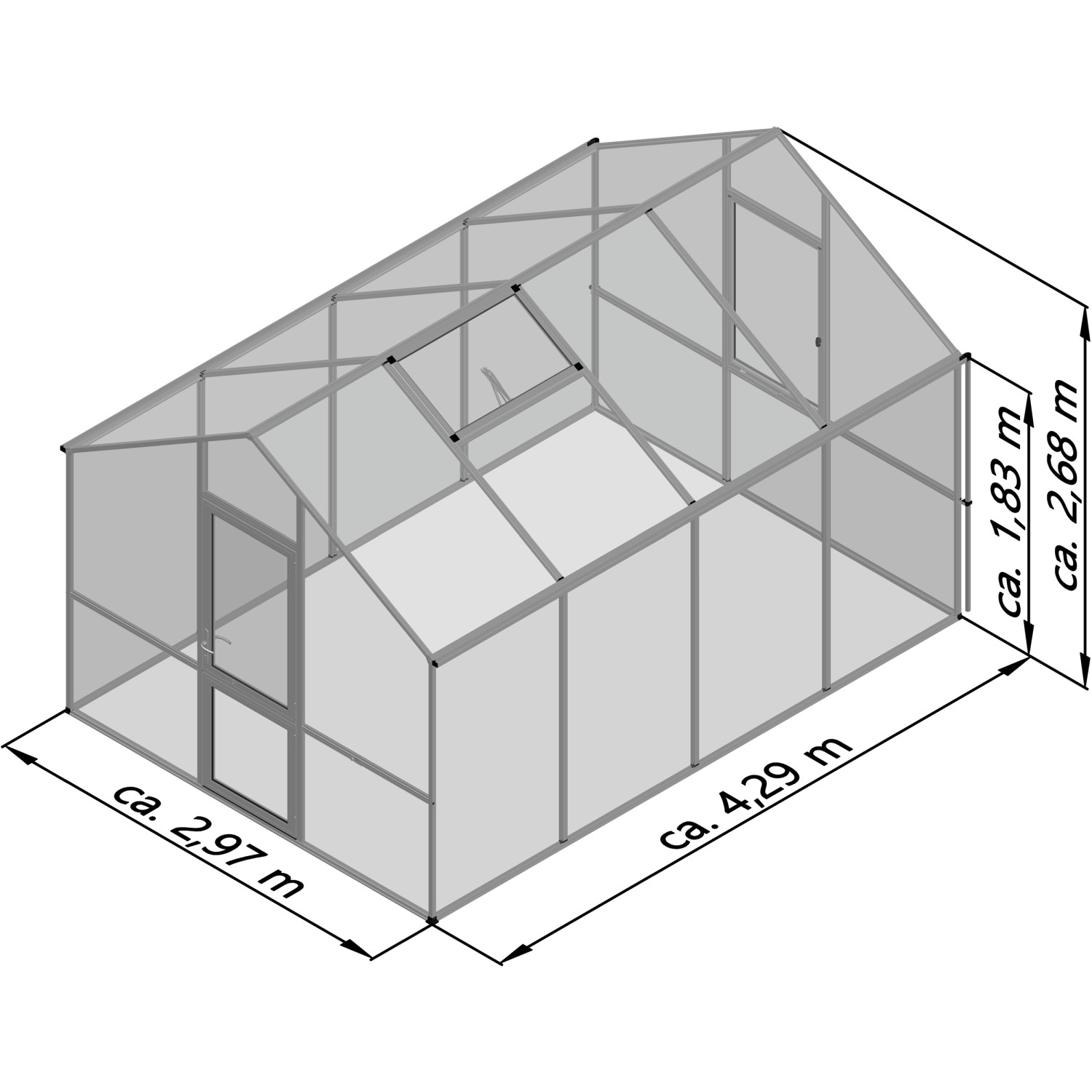 KGT Gewächshaus Lilie, 12,74 m², Aluminiumrahmen, Doppelstegplatten, mit Tür und Dachfenster.