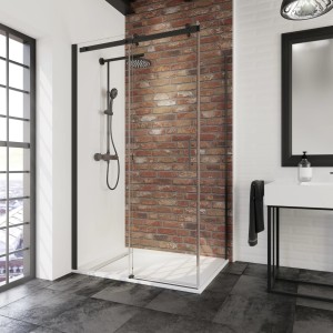 Schulte Schiebetür Alexa Style 2.0 mit Seitenwand, 200x80 cm, mattschwarz. Duschabtrennung mit schwarzem Rahmen.