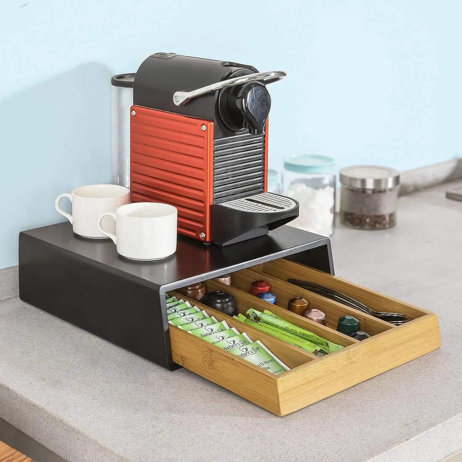 SoBuy Schubladenbox mit Kaffeemaschine und Kapseln. Aufbewahrungsbox aus Bambus und MDF.