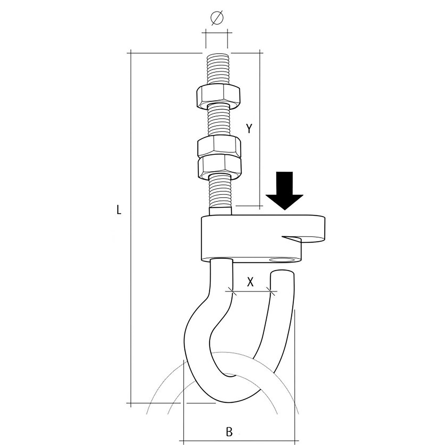 Technische Zeichnung: Conacord Sicherheits-Schaukelhaken, Stahl, 160mm Länge, mit Maßen.