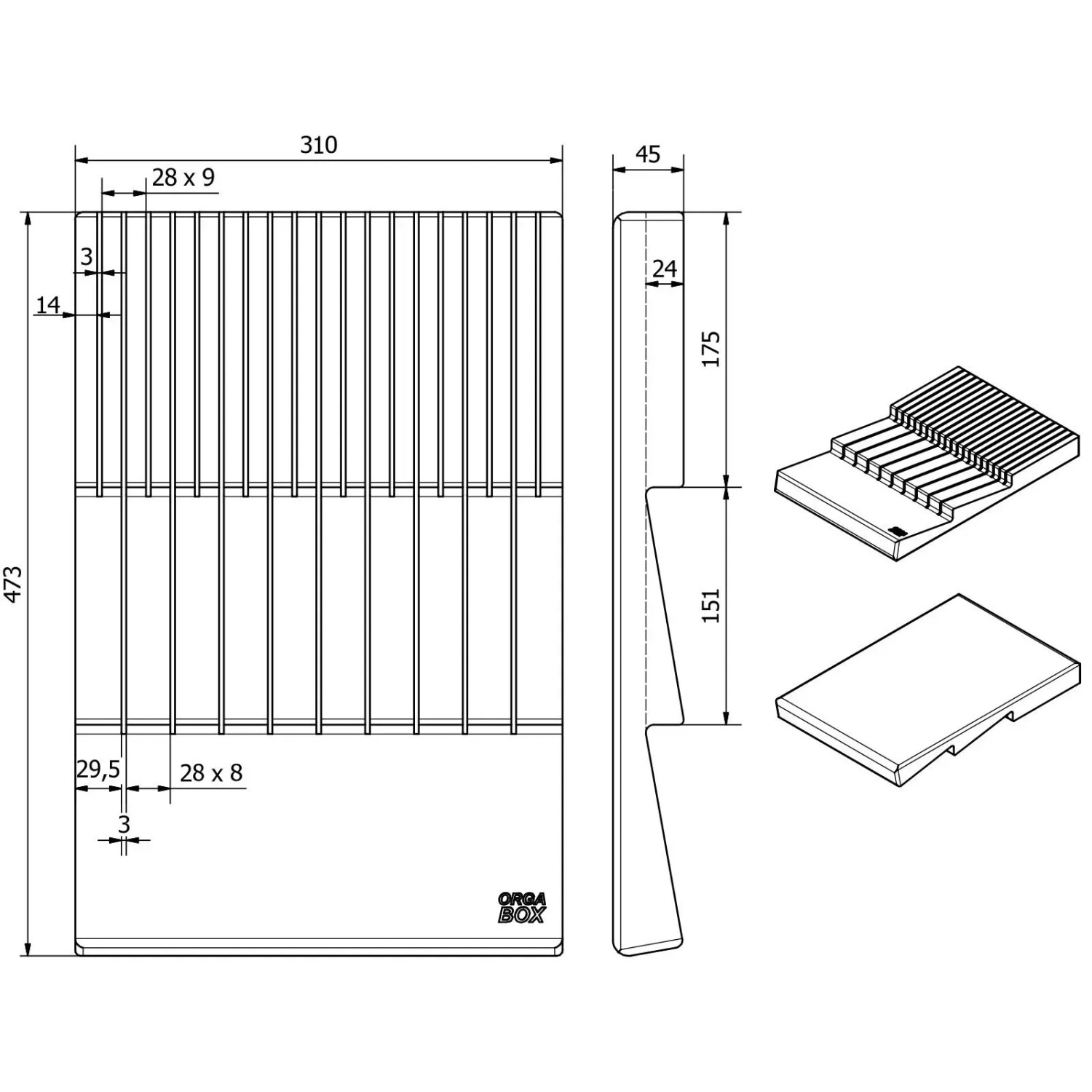 Technisches Diagramm SOTECH Bambus Messerhalter B310xT473mm für Schubladen. Zeigt Maße und präzise Messerschlitze.
