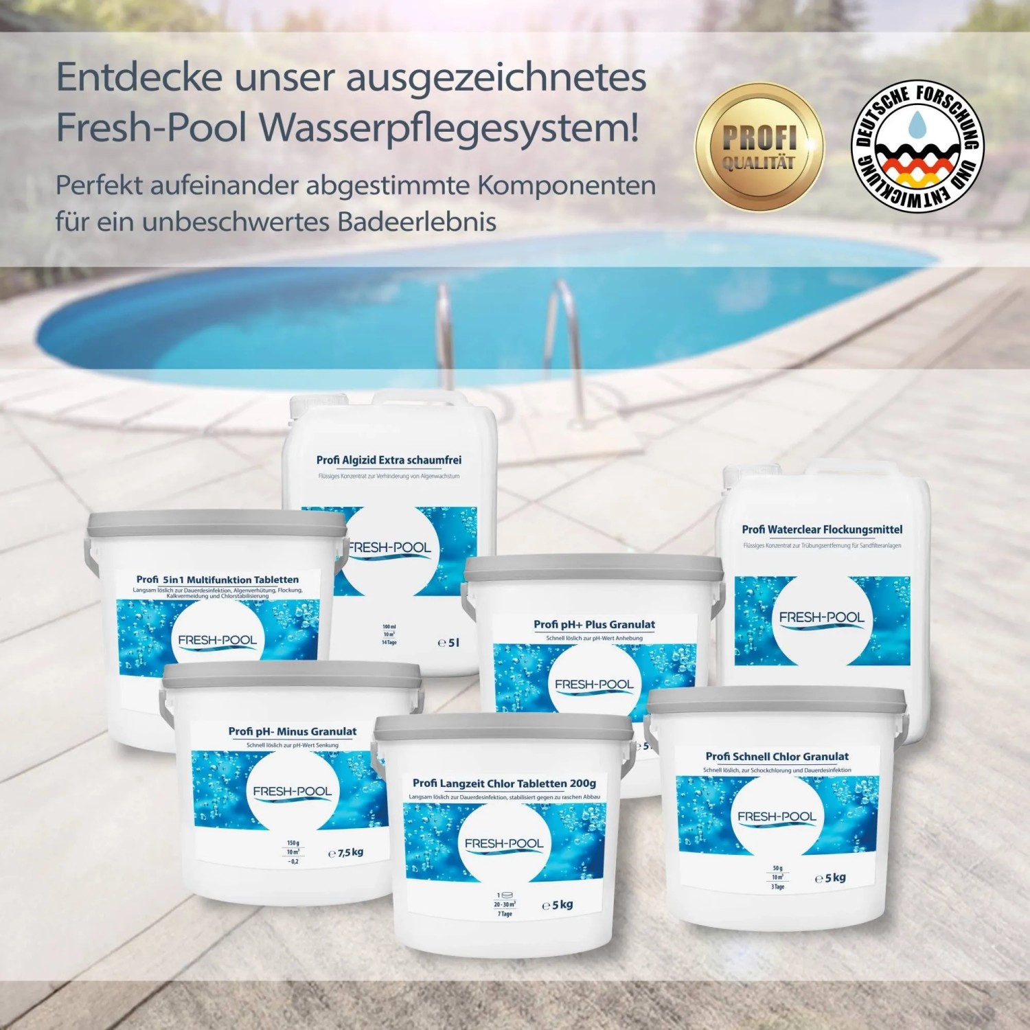 Fresh-Pool Wasserpflegeset mit Chlortabletten, Algizid, Flockungsmittel und Granulat für Pools.