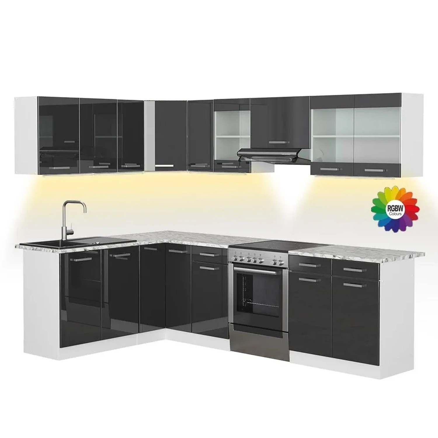 Vicco Eckküche R-Line Anthrazit Hochglanz/Weiß 267 x 82, AP Marmor mit LED-Leisten