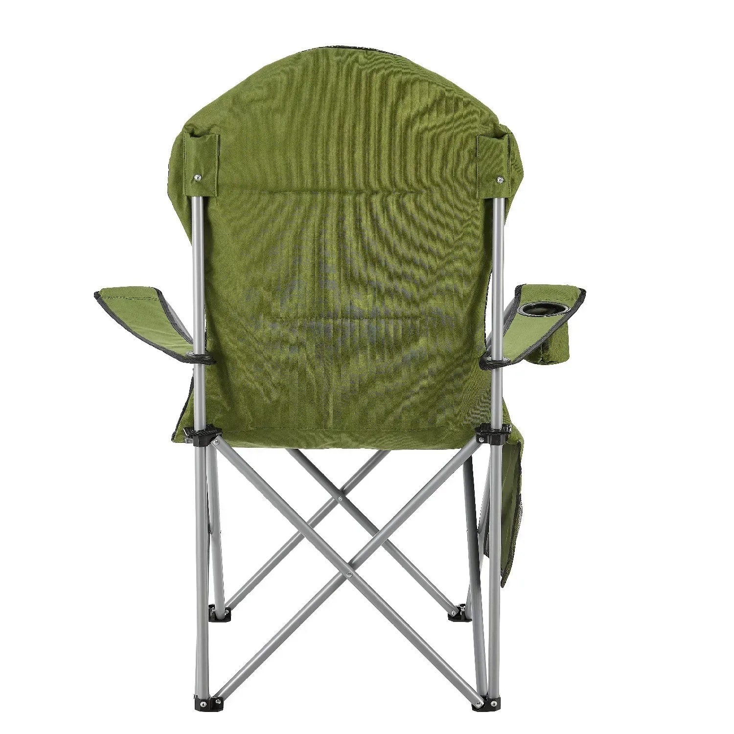 Grüner Juskys Campingstuhl Lido mit Getränkehalter und Tragetasche, Rückansicht.