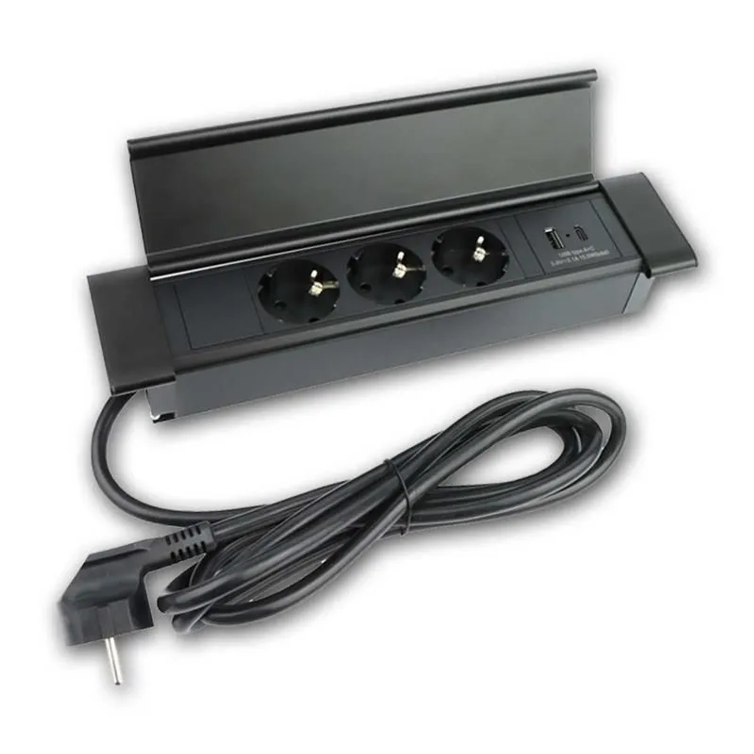 world-trading-net Tisch-Einbausteckdose 3-fach FLATBOX Schwarz USB