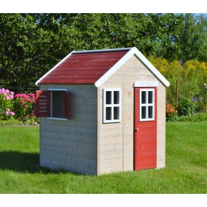 Wendi Toys Kinderspielhaus Gecko mit Fensterladen, rotem Dach und Tür im Garten.