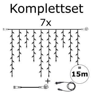 Star Trading SYSTEM 24 LED Lichtervorhang Eisregen Komplettset. Diagramm mit 7 Vorhang-Elementen, Trafo, Kabel für 14m Außen.