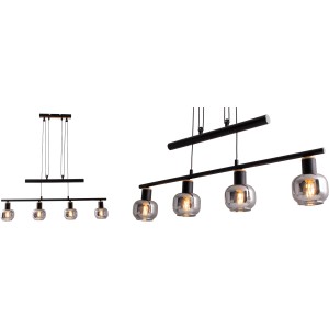 Näve Pendelbalkenleuchte Fumoso, 4-flammig, schwarz mit getönten Gläsern.